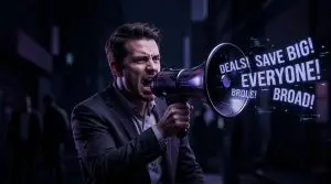 man yelling through a microphone to get peoples attention for his product